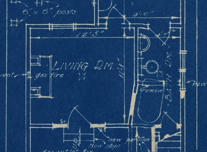 Detail of the architectural plan for alterations to 1132 Robson Street. Notations as to the removal of certain features, and the addition or changes of others can be seen.