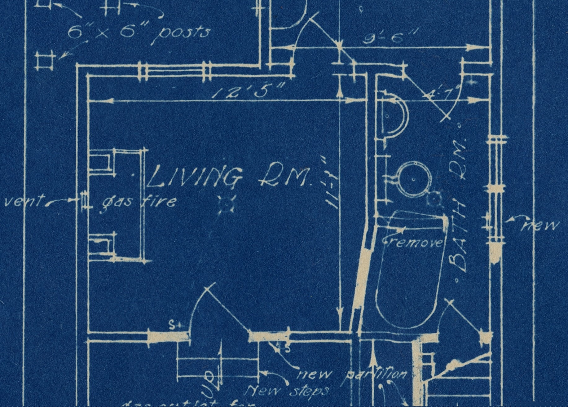 Details of the architectural plan for alterations to 1132 Robson Street. Notations as to the removal of certain features, and the addition or changes of others can be seen.