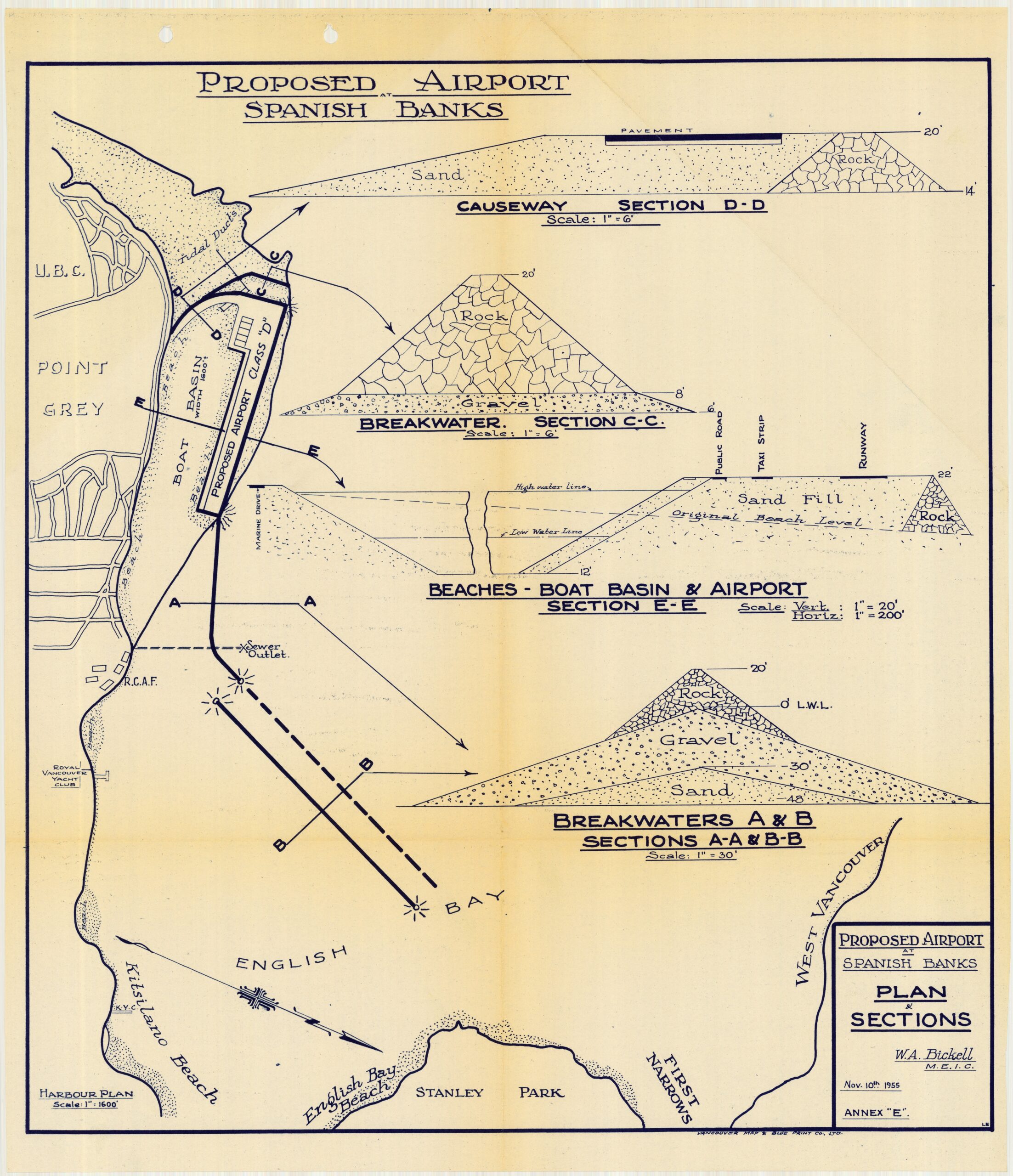 Plan and sections drawing of the proposed Spanish Banks airport, 1955, by W.A. Bickell. Reference code: COV-S523--