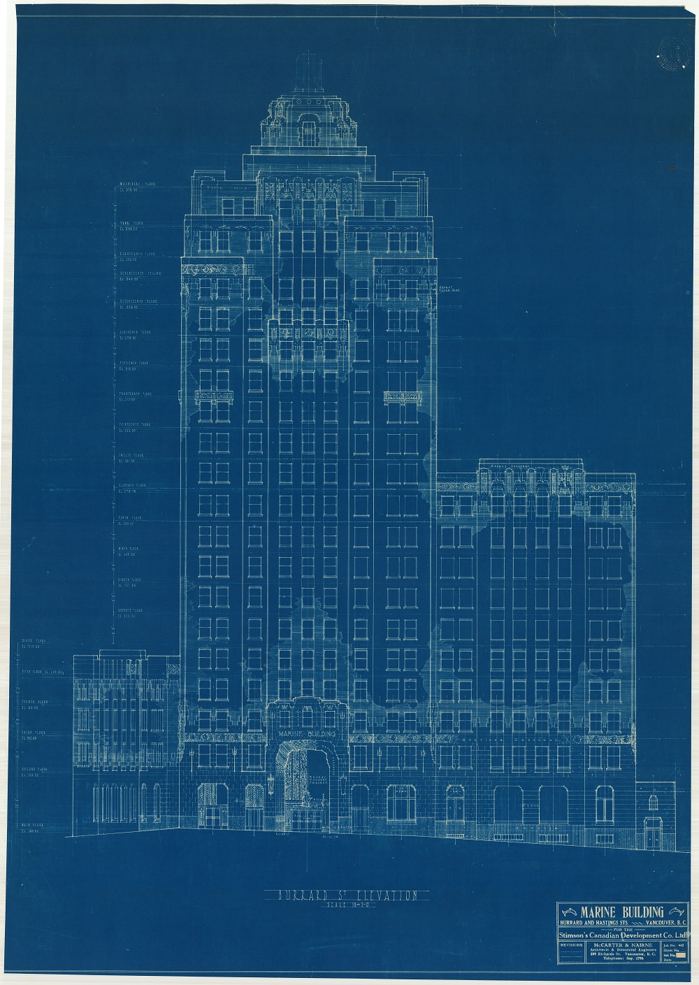 Elevation drawing of the Marine Building by McCarter & Nairne, 1929. Reference code: COV-S393-1-AP-0133