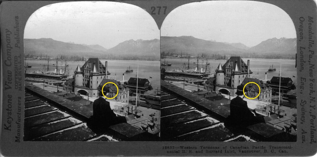 Comparing the position of the man’s head relative to the building in the background between each image, as indicated by the circles, confirms these images are a stereographic pair and mounted correctly. Reference code: AM358-S1-: CVA 152-25