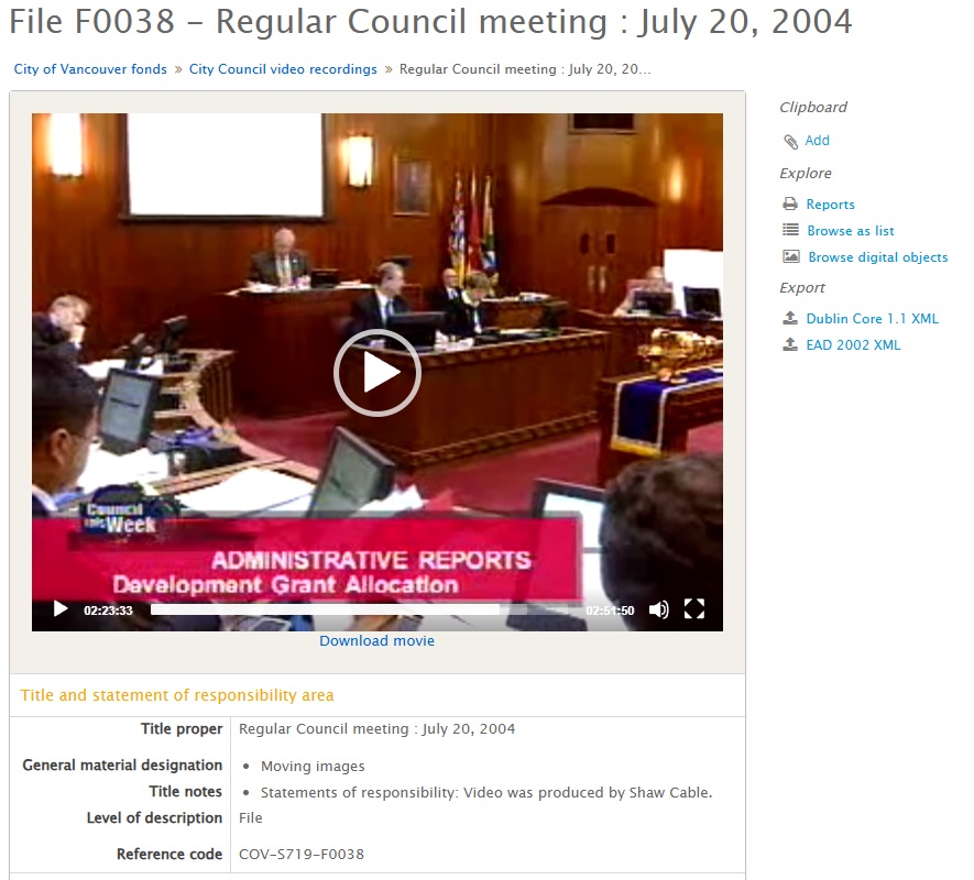 Screenshot of the first video of Council meetings from July 20, 2004, available through the Archives’ database. Reference code: COV-S719-F0038