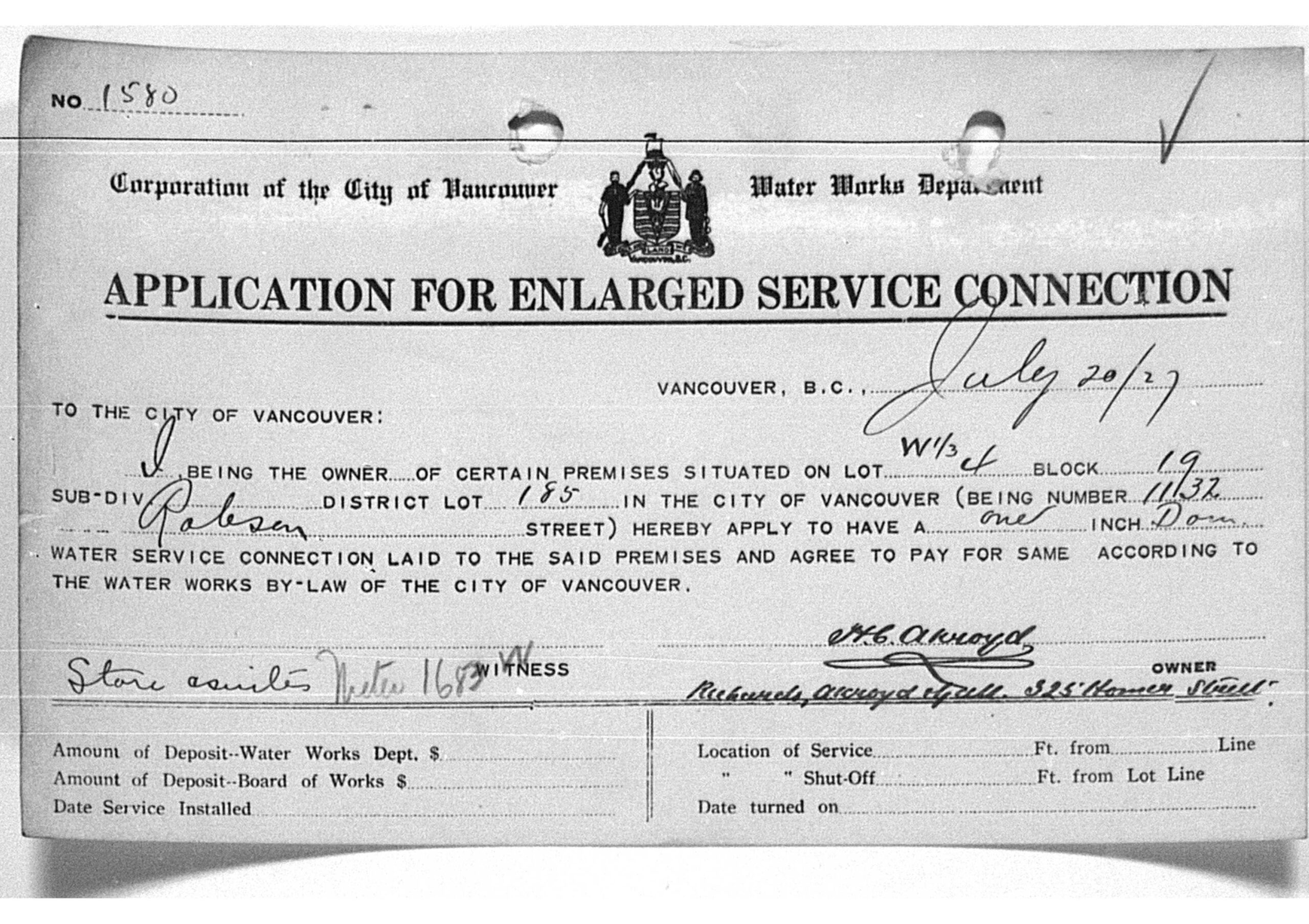 Water service application made by H.C. Akroyd for enlarged water connection. Reference code: COV-S293