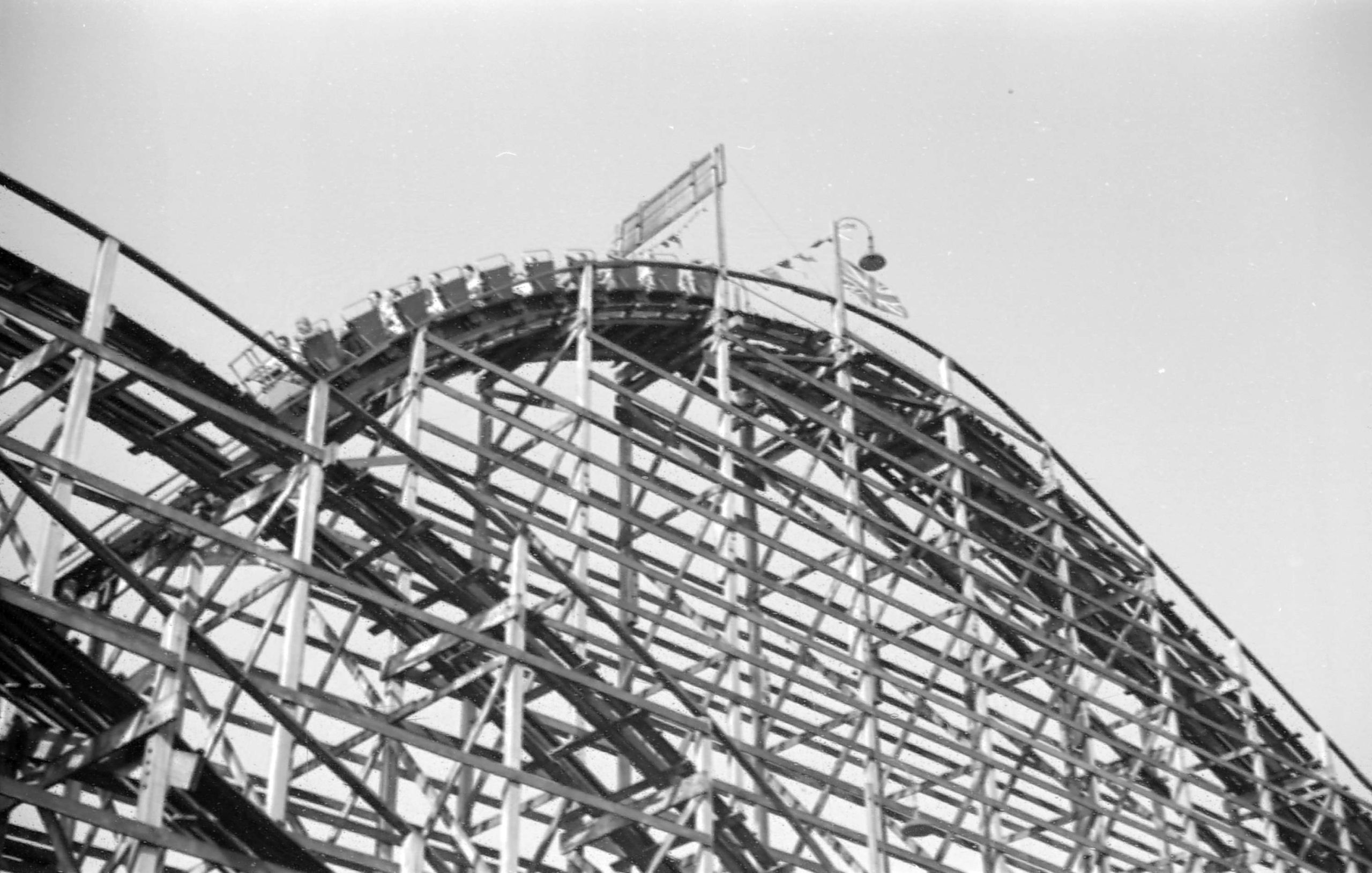 Cars at the top of the Giant Dipper roller coaster at the Pacific National Exhibition midway. James Crookall, photographer. Reference code: AM640-S1-: CVA 260-500
