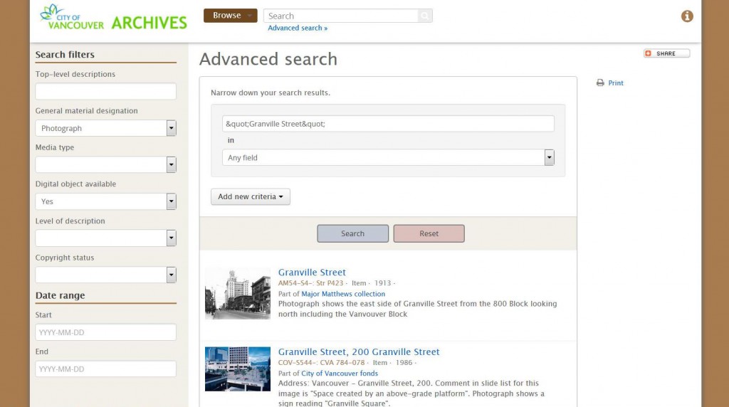 Advanced search results screen.