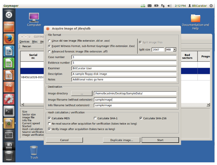 Capturing a disk image in the BitCurator environment. Source: BitCurator Consortium, BitCurator Quick Start Guide