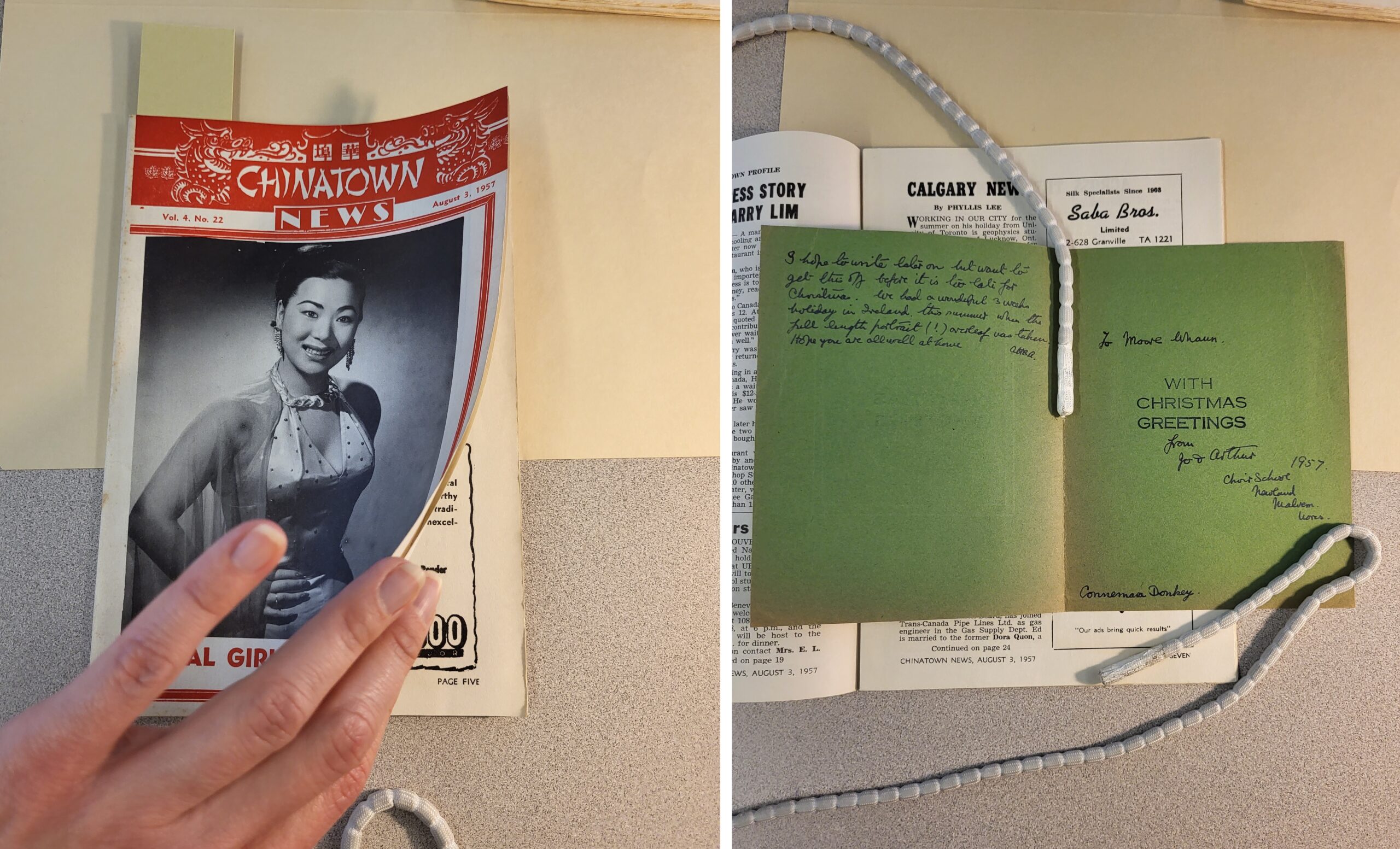 The Aug. 1957 issue of Chinatown News (Reference code: AM1523-S3-F162) beside photo of open greeting card found inside