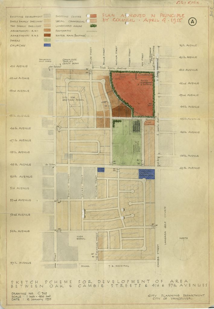 Map of the initial 1955 development scheme for the Oakridge Mall and adjacent areas to the south and west. From file COV-S648-F0643 