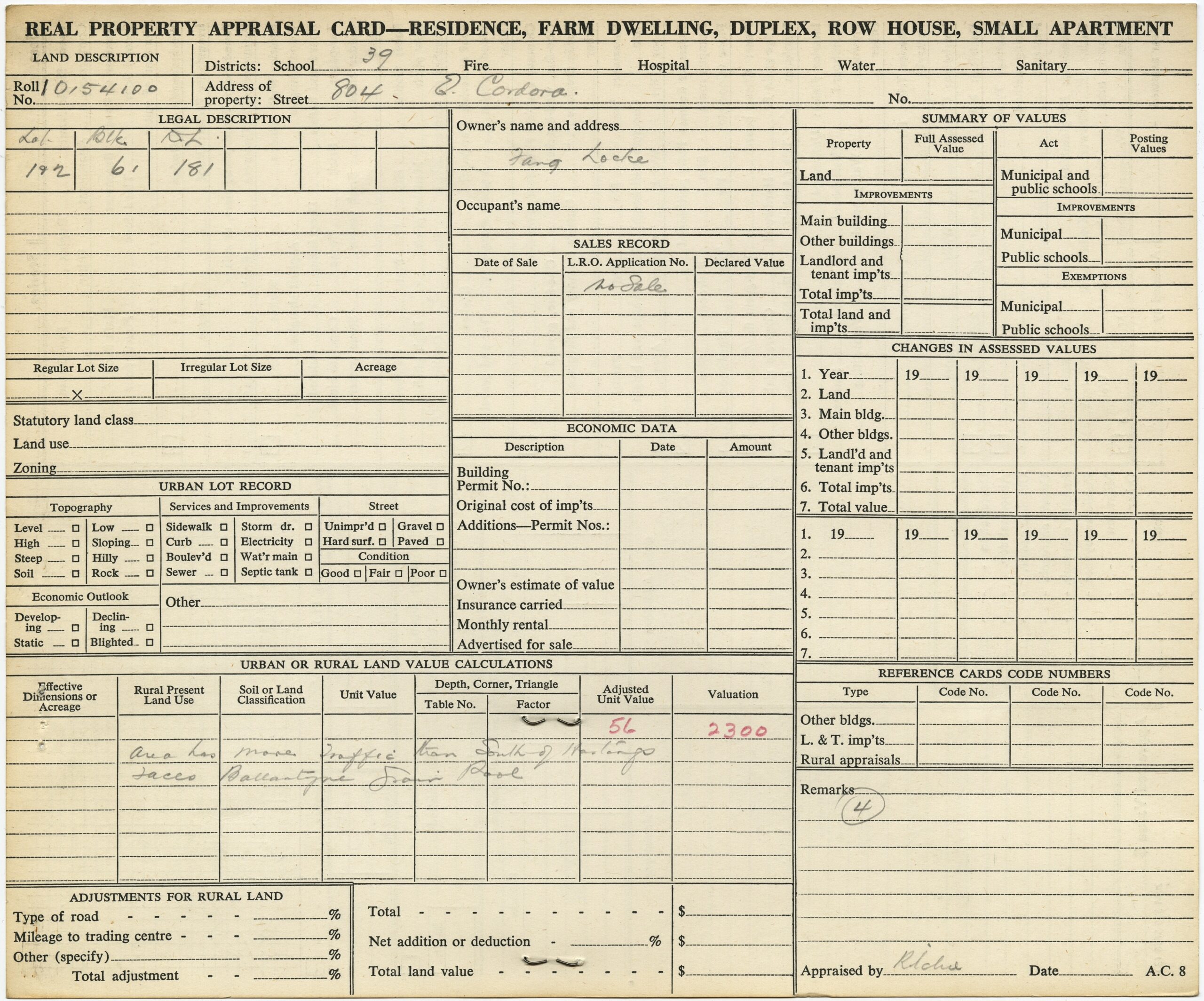 Front of real property appraisal card for 804 East Cordova Street. Reference code: COV-S296--