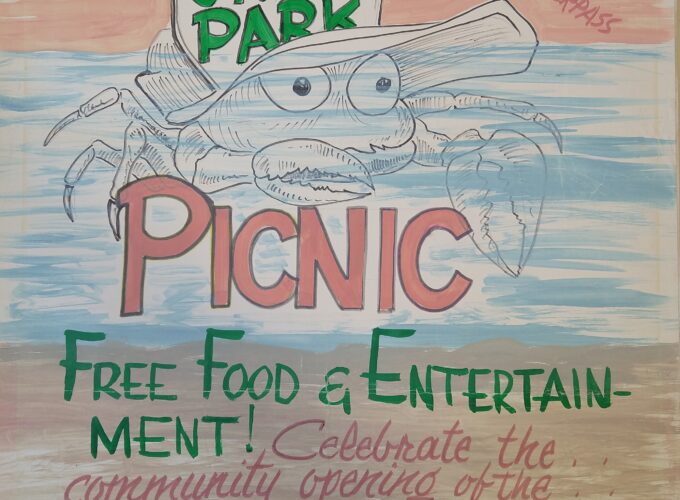 Handmade poster advertising free food and entertaining to “celebrate the community opening of the Downtown Eastside’s newest park.” Reference code: AM1444-: 2019-091.1