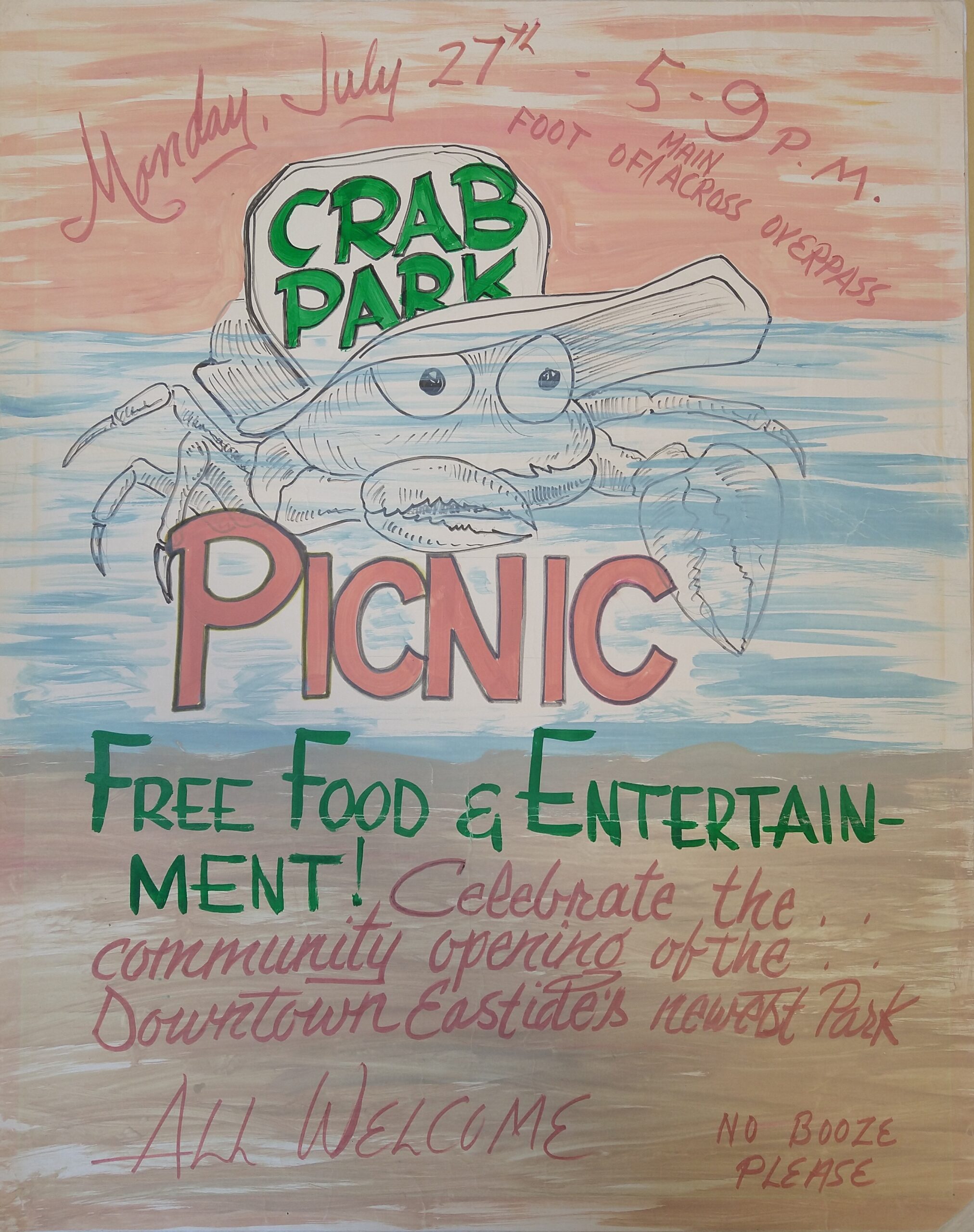 Handmade poster advertising free food and entertaining to “celebrate the community opening of the Downtown Eastside’s newest park.” Reference code: AM1444-: 2019-091.1