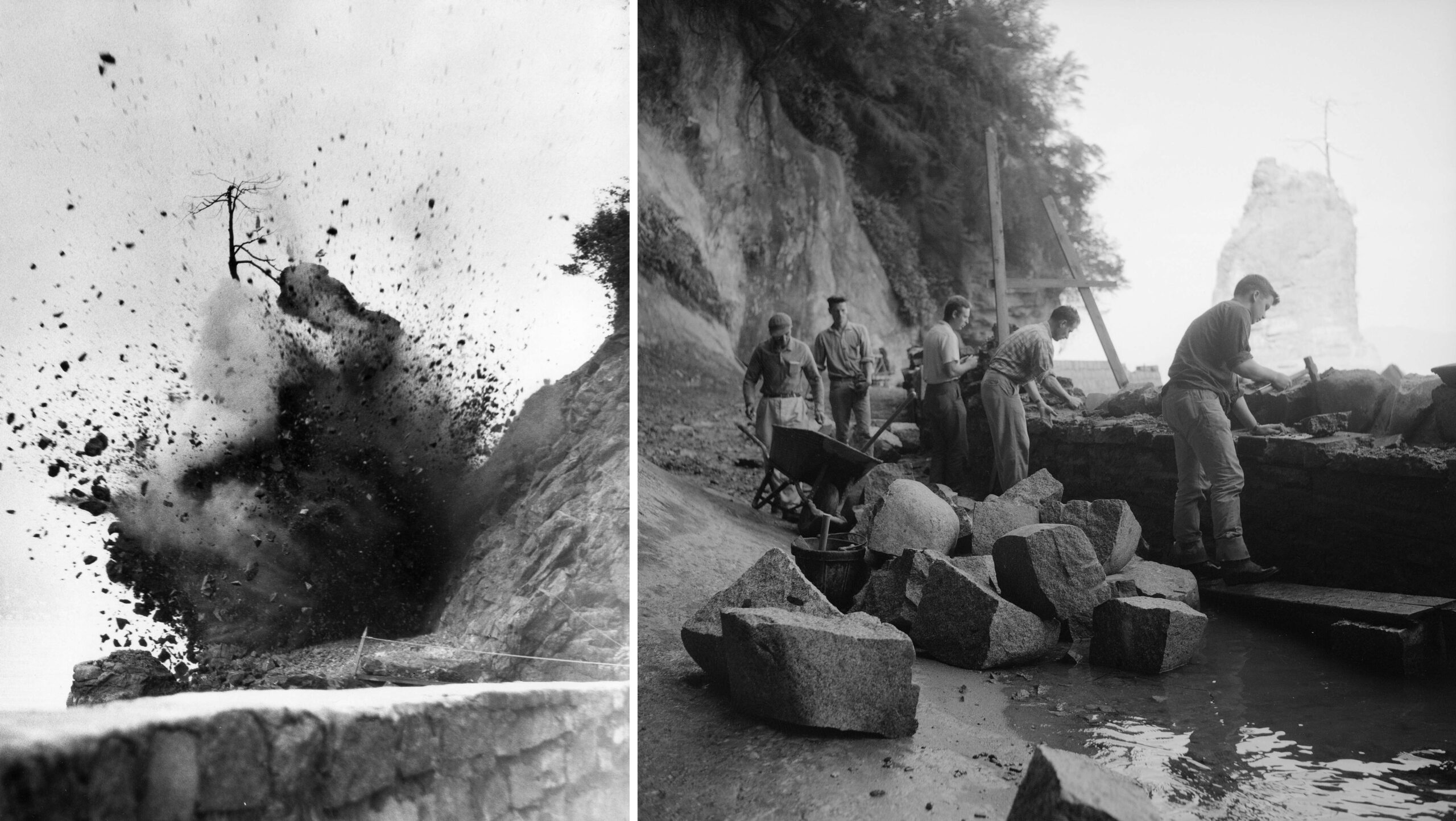 Scenes of the construction of the Stanley Park seawall. Right: Blasting rock, 1963. Left: building the stone wall with Siwash Rock visible in the background, 1964. Reference code: VPK-S625-: CVA 392-0030 and CVA 392-0028