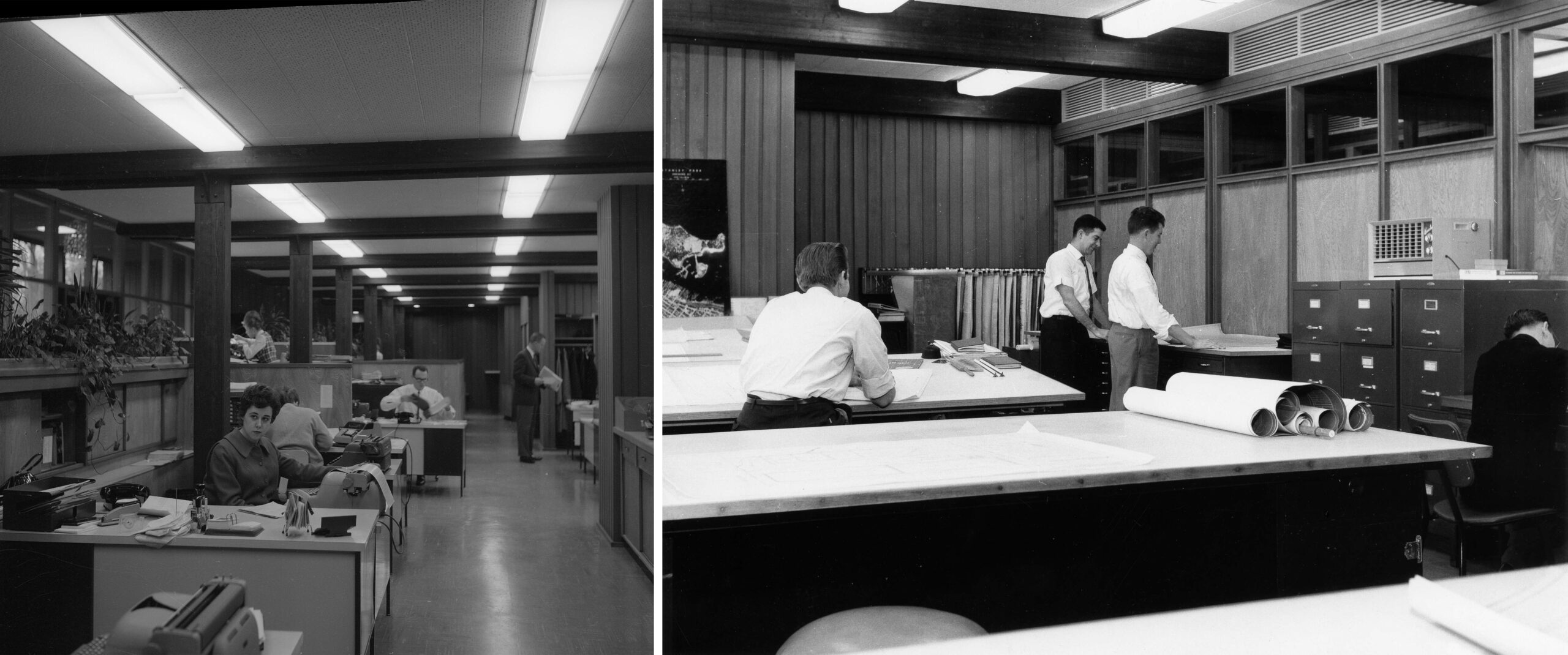 An inside look at the then brand-new Park Board Offices, including secretarial area (right) and drafting room (left), 1962. Reference code: VPK-S625-: CVA 392-0590 and CVA 392-0592.