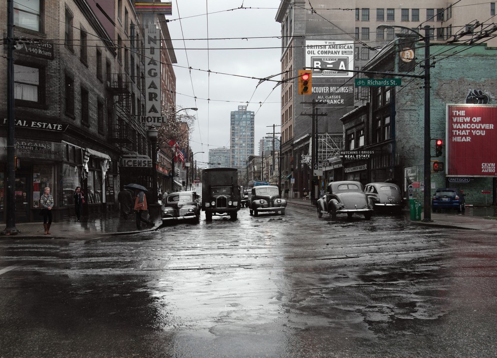 Digital composite by Courtney Naesgaard, 1946/2015. Street traffic at Pender Street and Richards Street, incorporating Archives image AM1545-S3-: CVA 586-4225.