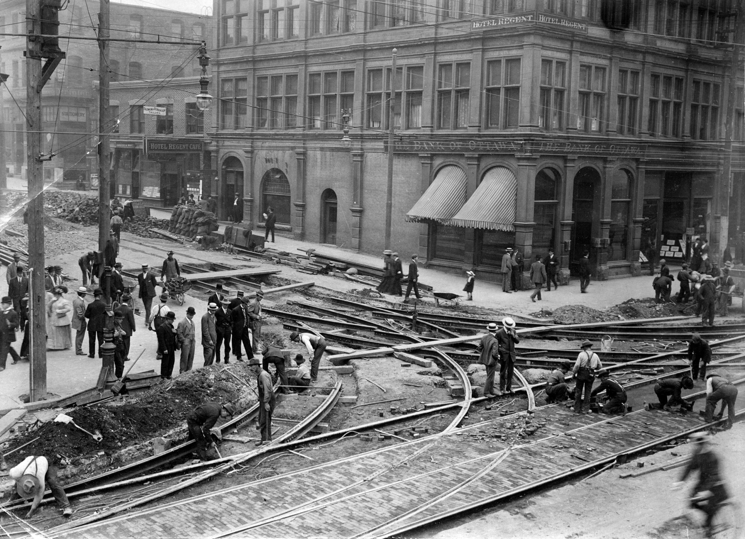 Construction of streetcar tracks and brickwork at Richards and Hastings, 1910. Reference code: AM1376-F31--: CVA 323-04