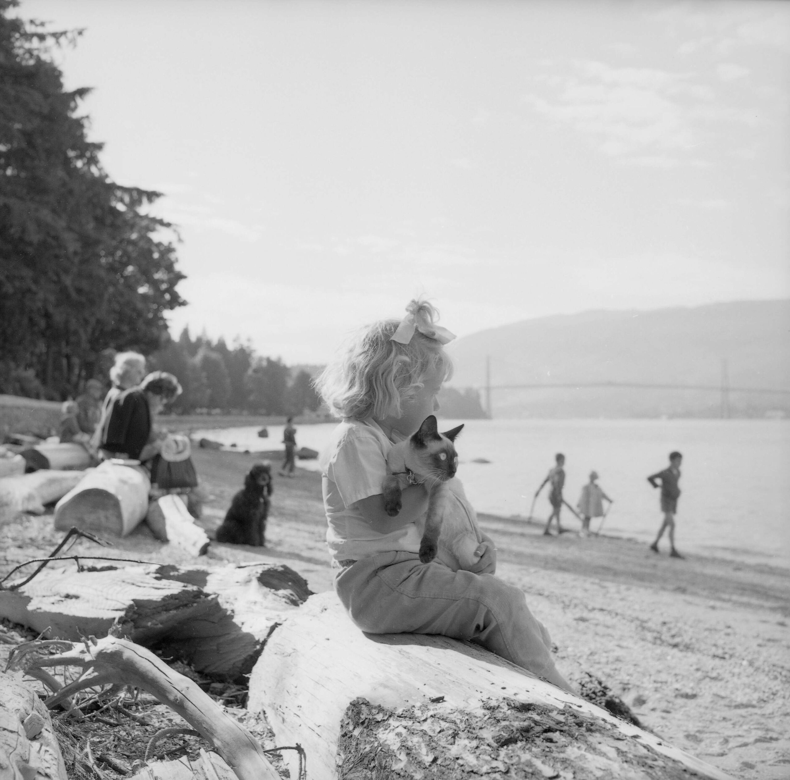 A girl and a cat taking in the beach, 1960s. Reference code: VPK-S625-: CVA 392-0275