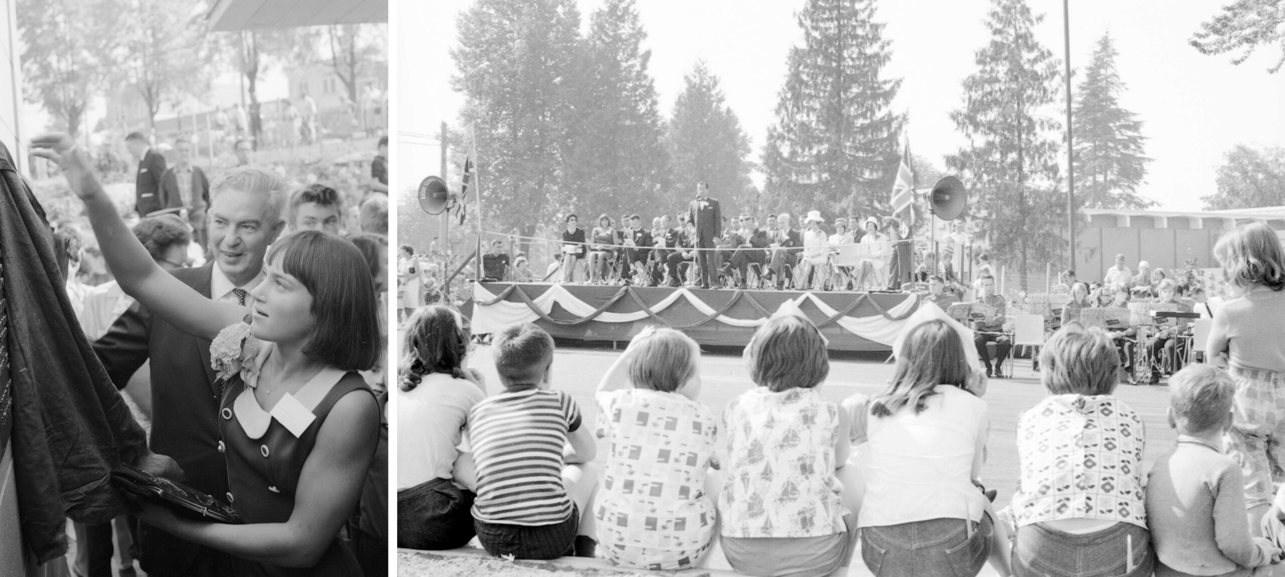 Opening ceremony of Renfrew Community Centre with (left) local Olympic swimmer Mary Stewart and Alderman Ernie Broome unveiling the building plaque, 1964. Reference code: VPK-S625-: CVA 392-1464.1 and CVA 392-0792.1