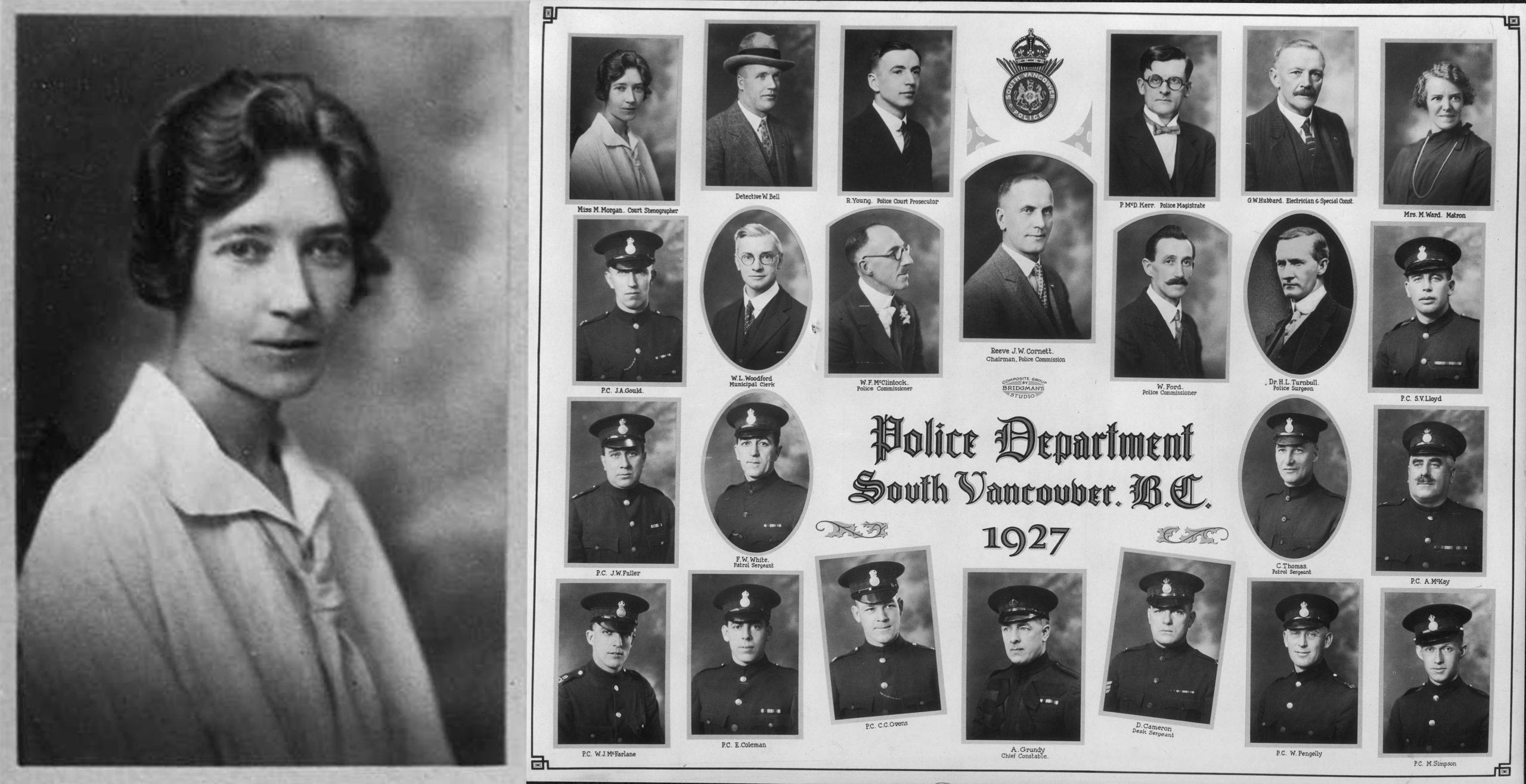 The portrait on the left shows Mary Morgan, Court Stenographer. This image is part of a composite photograph (right) showing employee portraits of the South Vancouver Police Department in 1927. Reference code: VPD-S214-: CVA 480-123