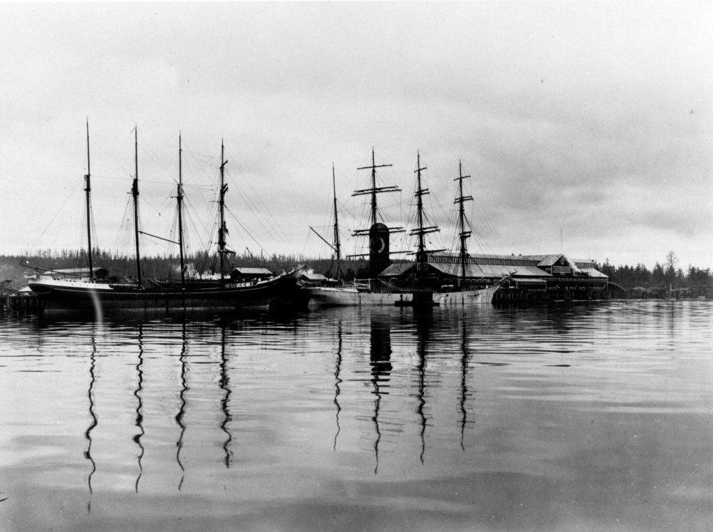 Sawmill and ships at Fraser Mills, ca. 1900. Reference code: AM1376-: CVA 91-1