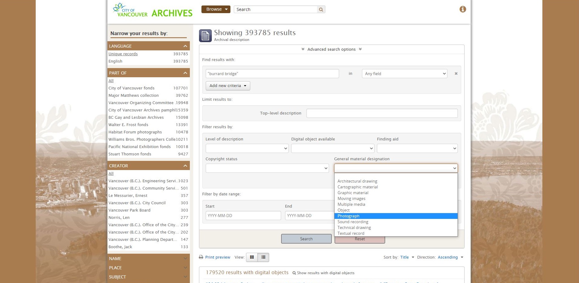 Screen shot of the advanced search page on our database, highlighting the General Material Designation filter