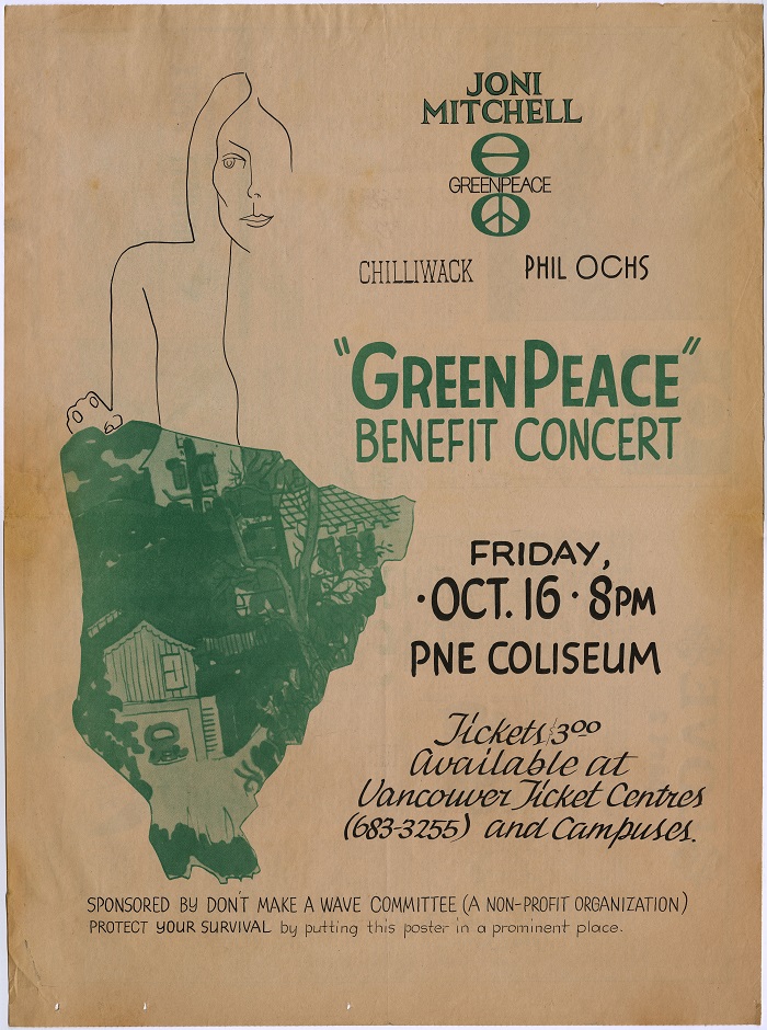 To raise money for Greenpeace I’s expedition to Alaska, members organized a benefit concert at the Pacific Coliseum. On October 16, 1970, 10,000 people watched performances by Joni Mitchell, Phil Ochs, local band Chilliwack, and as a last-minute addition to the lineup, James Taylor. The concert raised over $17,000. Reference Code: AM1657-F17