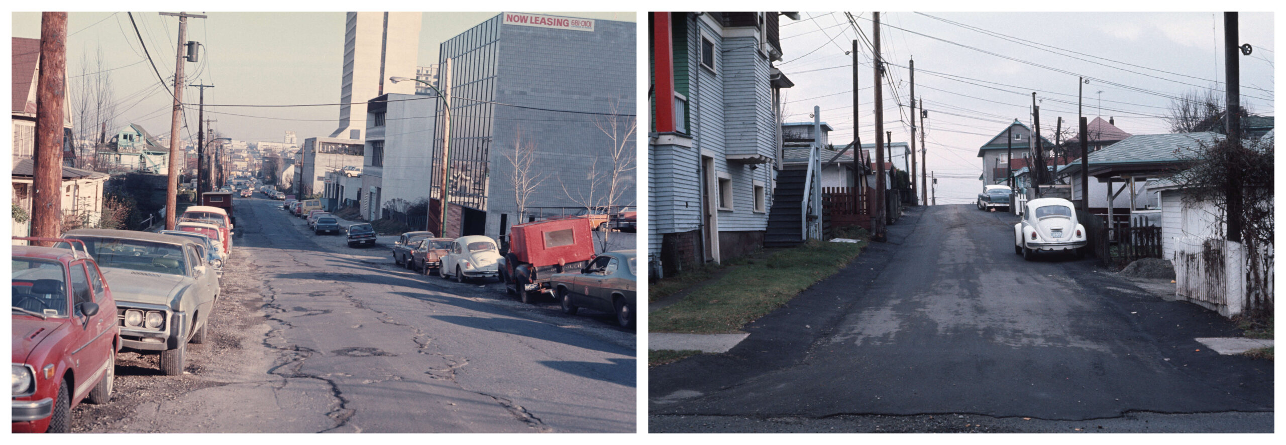 Two unidentified “streets” photos taken by the City’s Engineering Department, both with a cream-coloured Bug in 1975 (right) and 1976 (left). Reference code: COV-S633-: CVA 800-0276 and CVA 800-0211