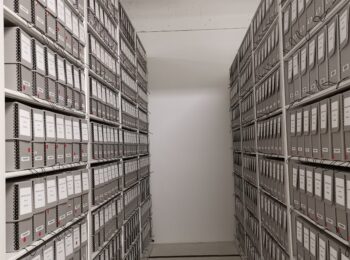 Hollinger boxes on compact mobile shelving