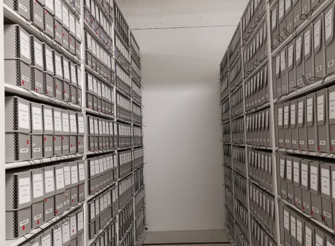 Hollinger boxes on compact mobile shelving