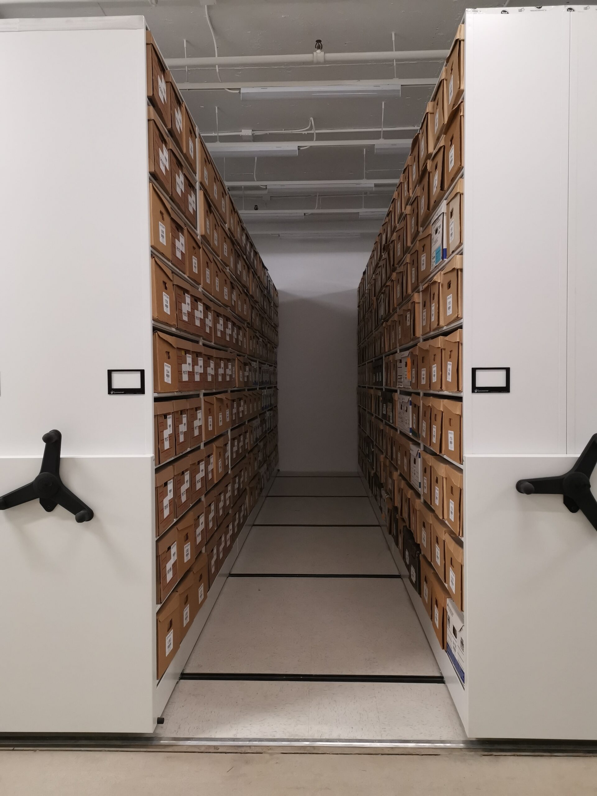 Banker boxes on mobile shelving