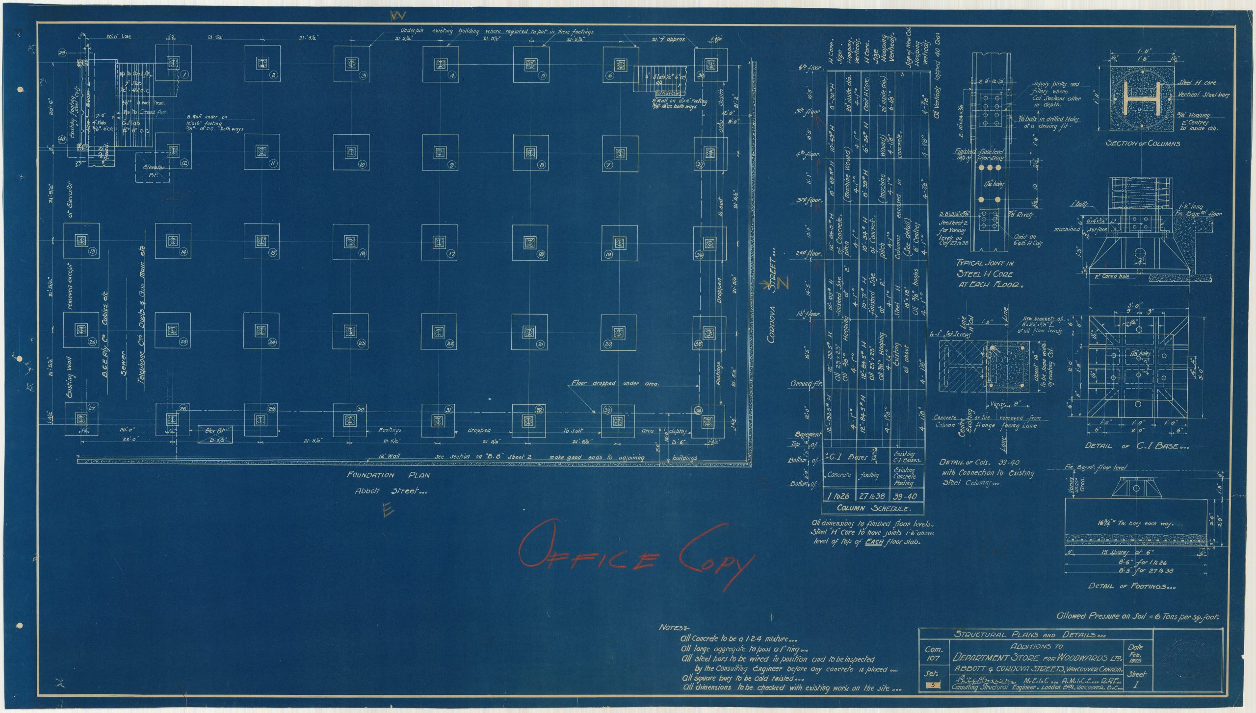 Foundation plan for an addition to the original Woodward's Department Store. Reference code: COV-S393-1-AP-0021: LEG2285.06149