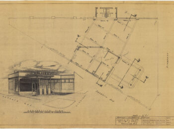 Perspective rendering of the Johnston Motors service station, 9-15 Kingsway Avenue, 1944-1945. Reference Code: COV-S393-1-AP-1089: LEG2285.23455