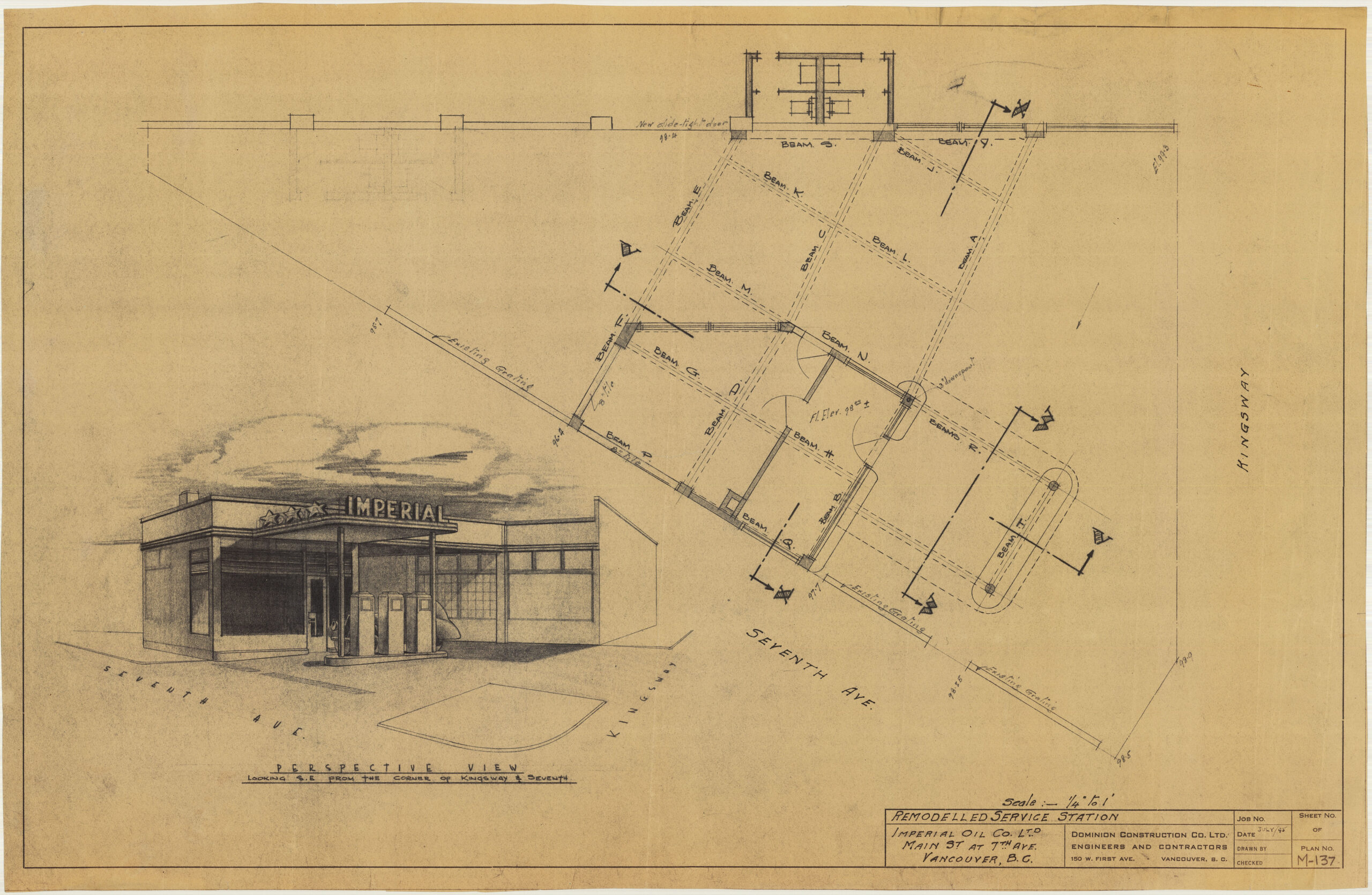 Perspective rendering of the Johnston Motors service station, 9-15 Kingsway Avenue, 1944-1945. Reference Code: COV-S393-1-AP-1089: LEG2285.23455