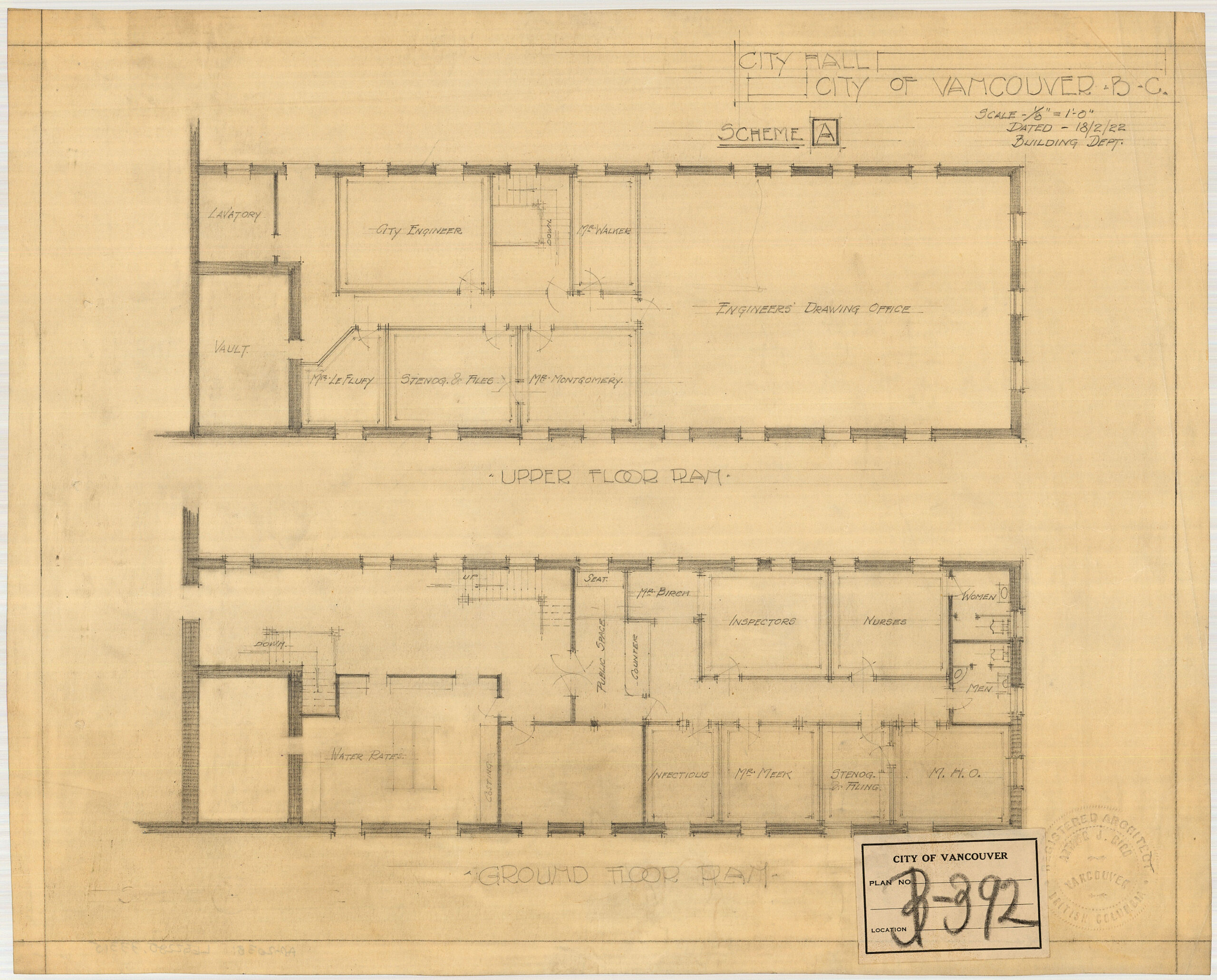“Old City Hall” Front elevation and floor plan for alterations to make the council chamber. Reference Code: COV-S393-1-AP-2038: LEG2285.33315