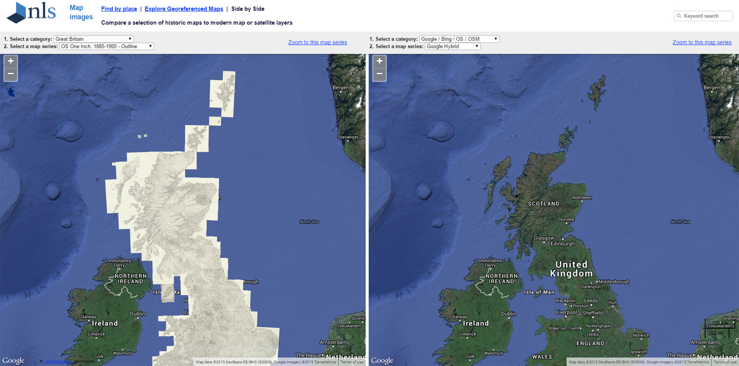Screenshot of side-by-side comparison viewer on National Library of Scotland’s site