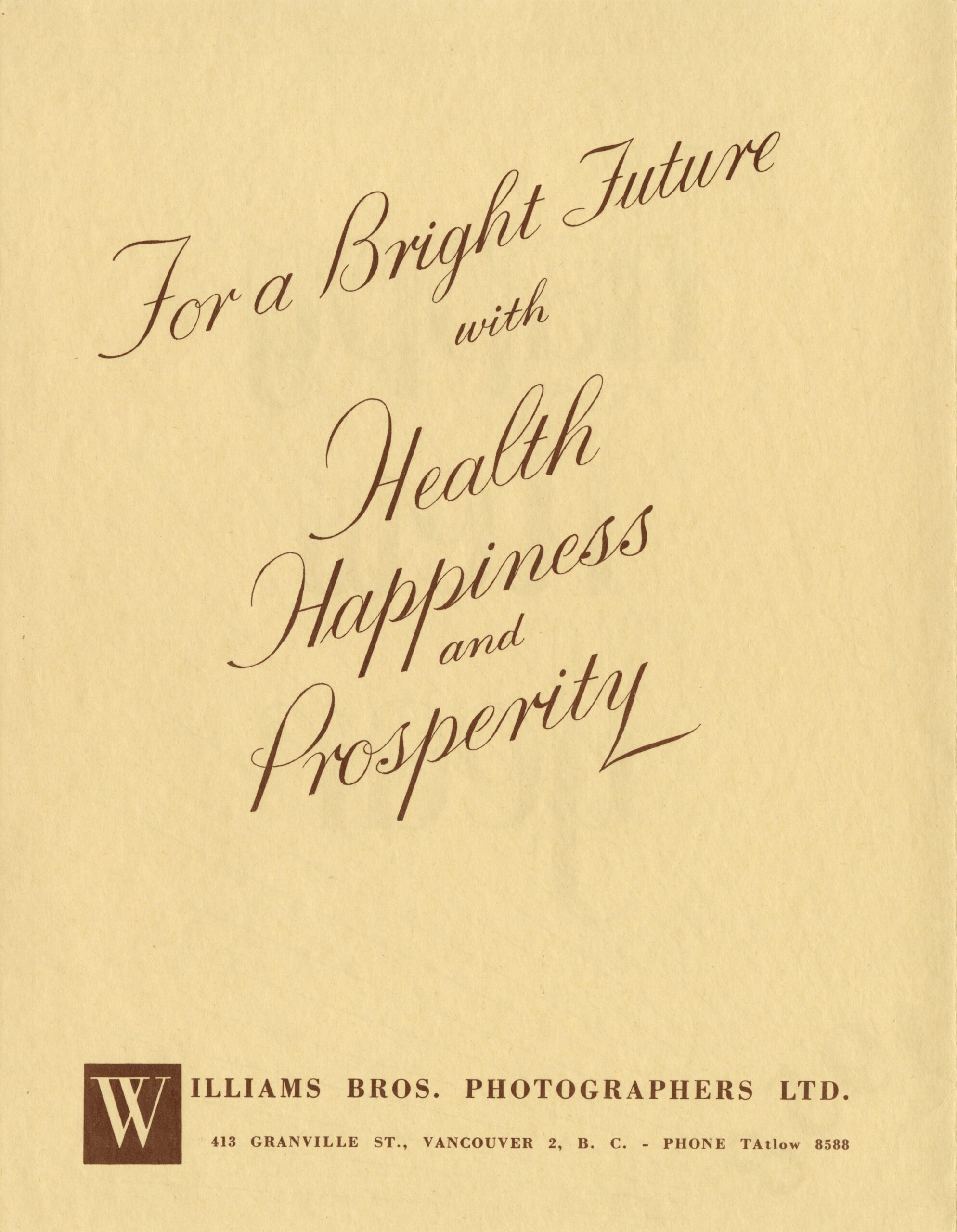 Verso of front above with message and Williams Bros contact information.