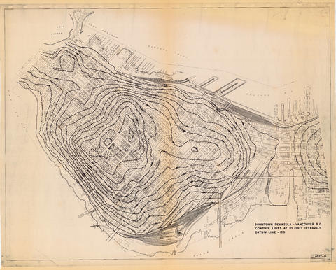 Downtown peninsula - Vancouver, B.C. : contour lines at 10 foot intervals, datum line - 100, by the Vancouver (B.C.). Planning Department. 1971. PUB-: PD 2108