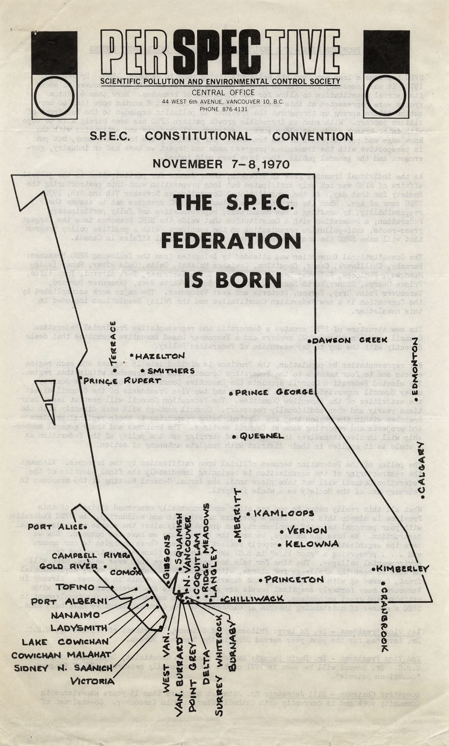 Cover of "Perspective" showing SPEC branches located around the province, 1970. This issue discusses the Constitutional Convention that passed a new governing constitution that included branches. Reference code: AM1556-S7.