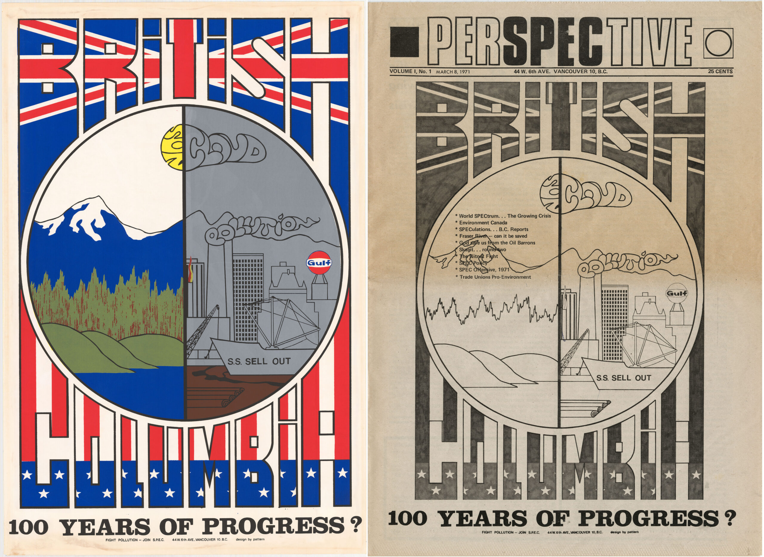 SPEC poster created for BC centennial designed by Pattern (left) and the same graphic used for the cover of the SPEC newspaper, Perspective, Vol. 1, No.1 (right), 1971. Reference code: AM1556-S7-- and AM1556-S6