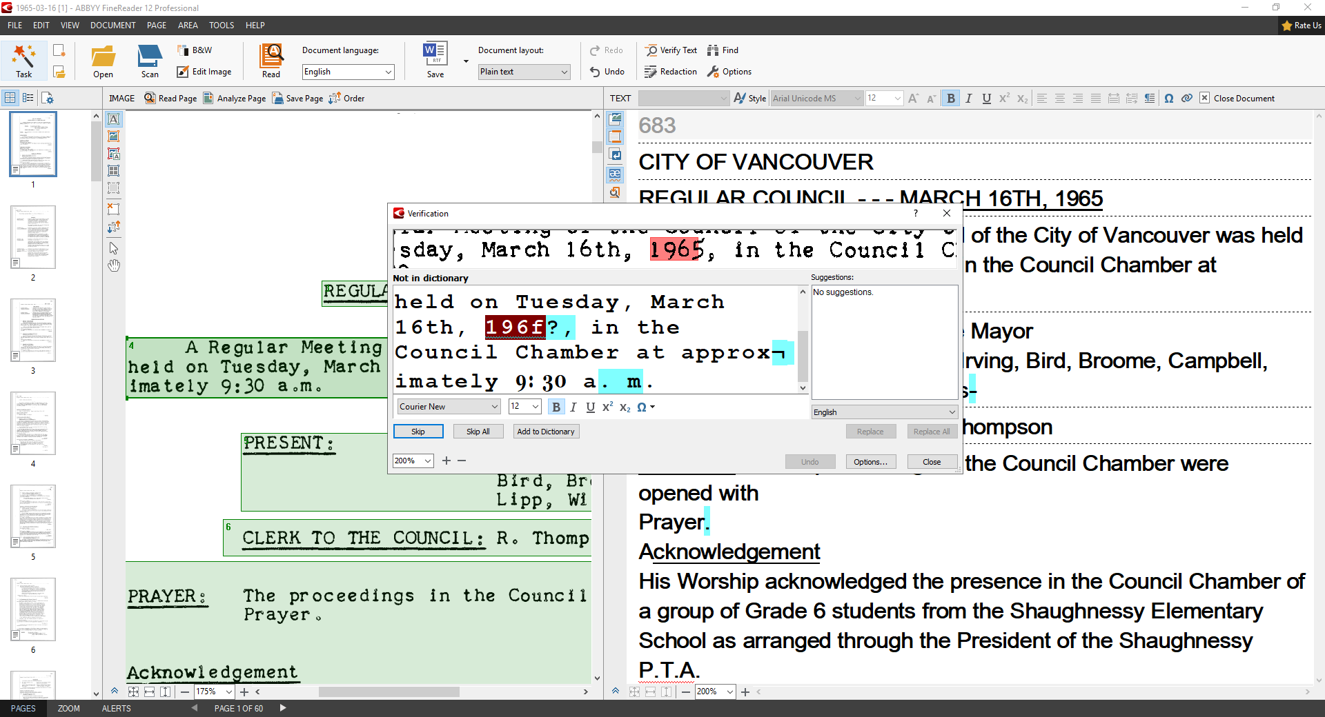 Quality assurance check performed on the OCR portion of the March 16, 1965 Council minutes. Reference code: COV-S31-F088.20