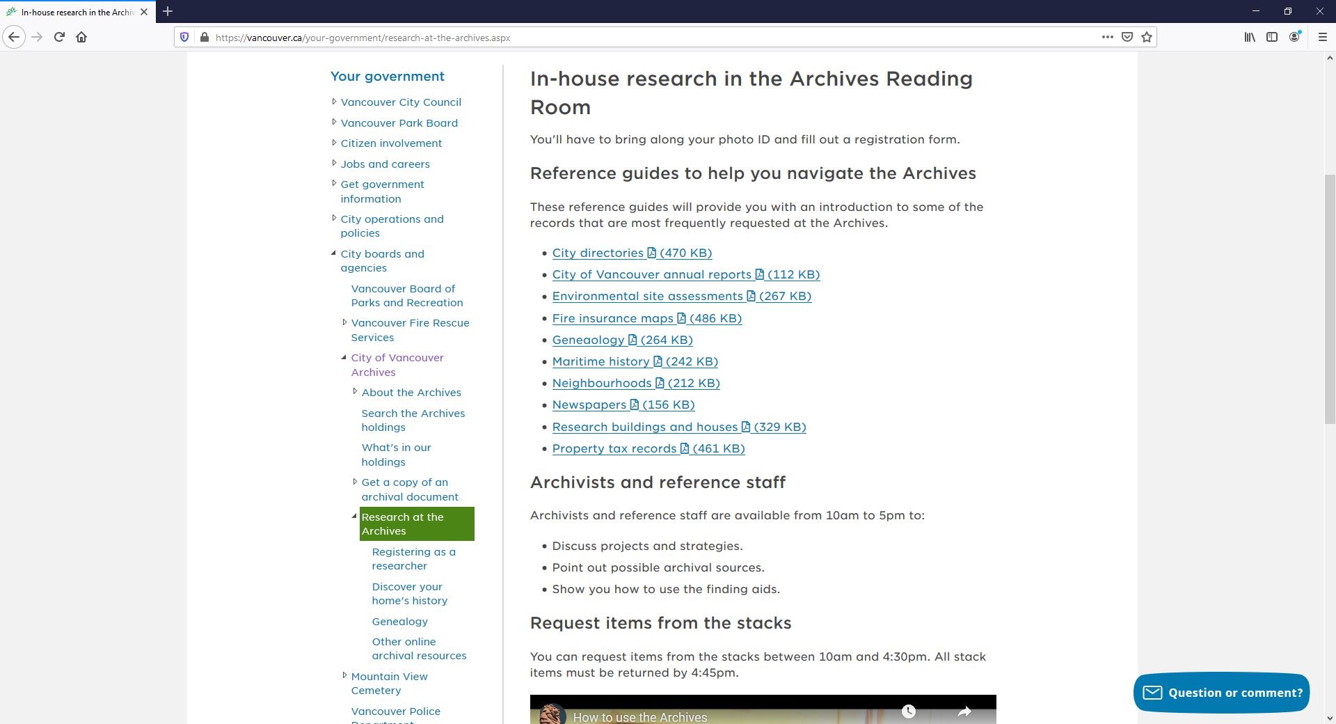 Screenshot of where the Reference Guides live on the Archives’ webpage