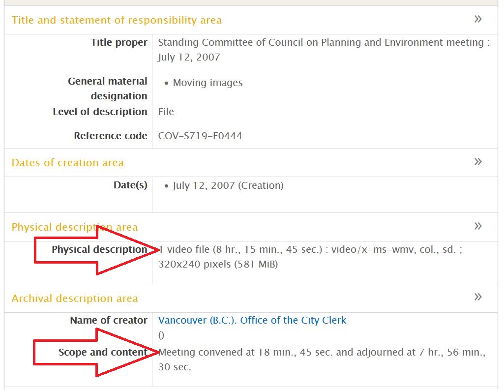 Physical description showing total file run time; Scope and content showing meeting content run time.