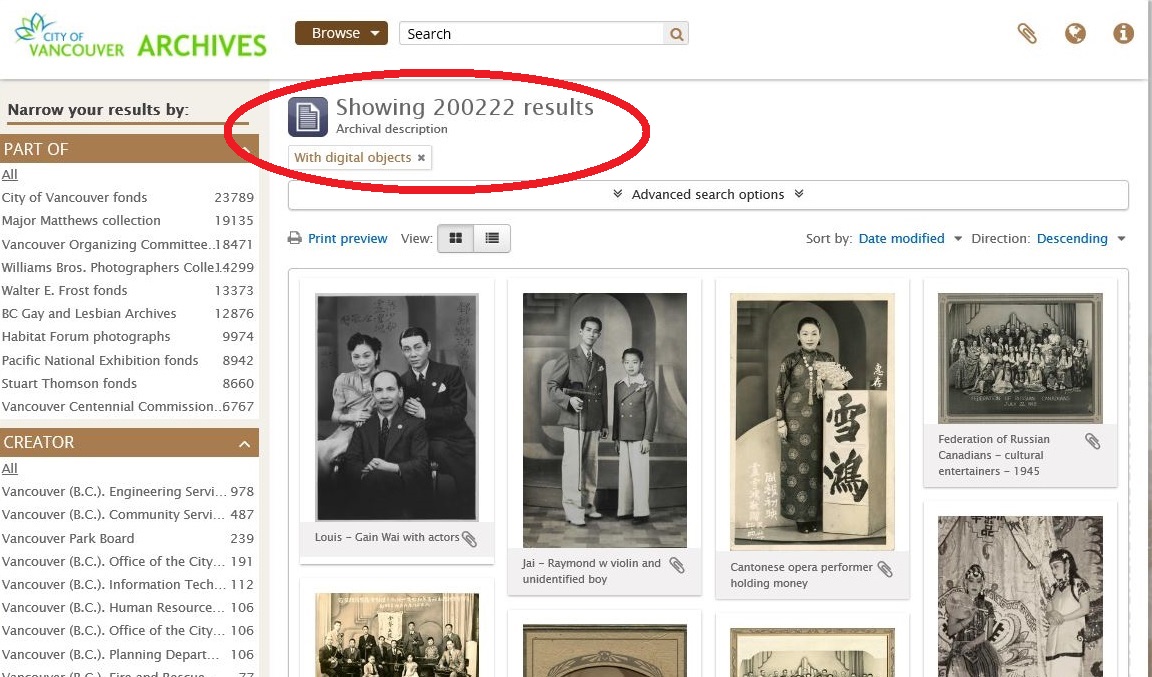 Screenshot of Archives' online database showing result of search for all 200,222 digital objects availabl