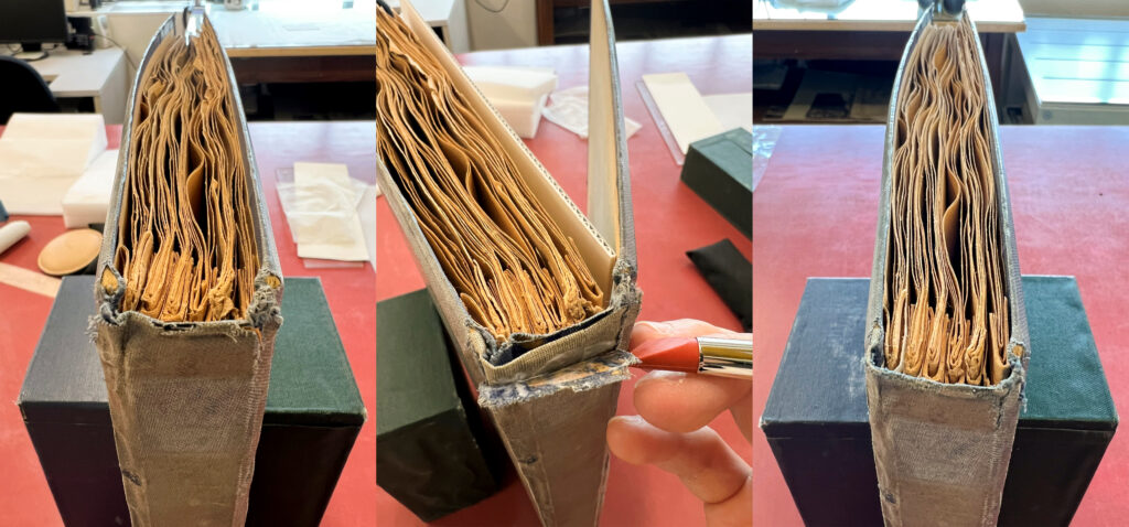 Detail showing the tail of the spine before (left), during (centre) and after (right) a new bookcloth mend was inserted under the original bookcloth.