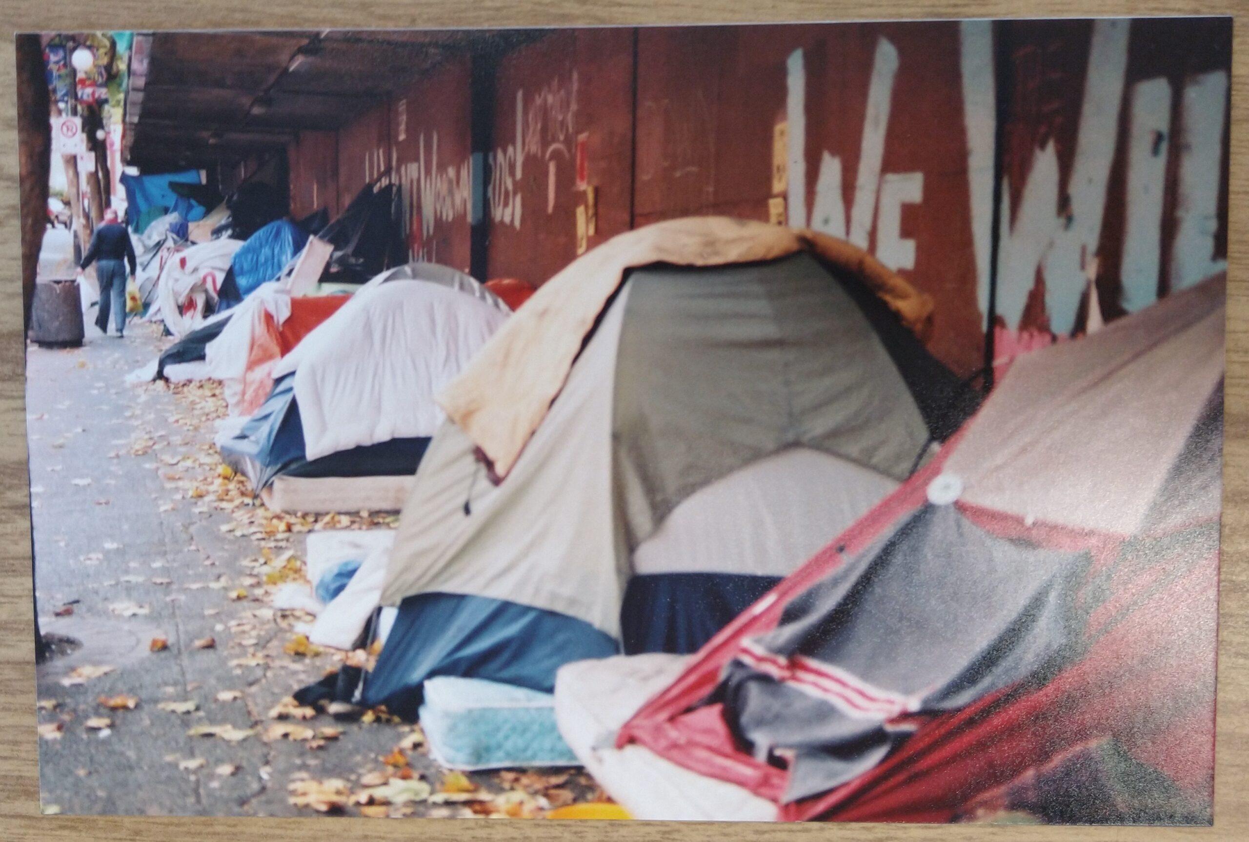 Woodsquat tents outside the old Woodward's building. Photograph by Sylvia Machat, reference code: AM1376-: 2024-037.10