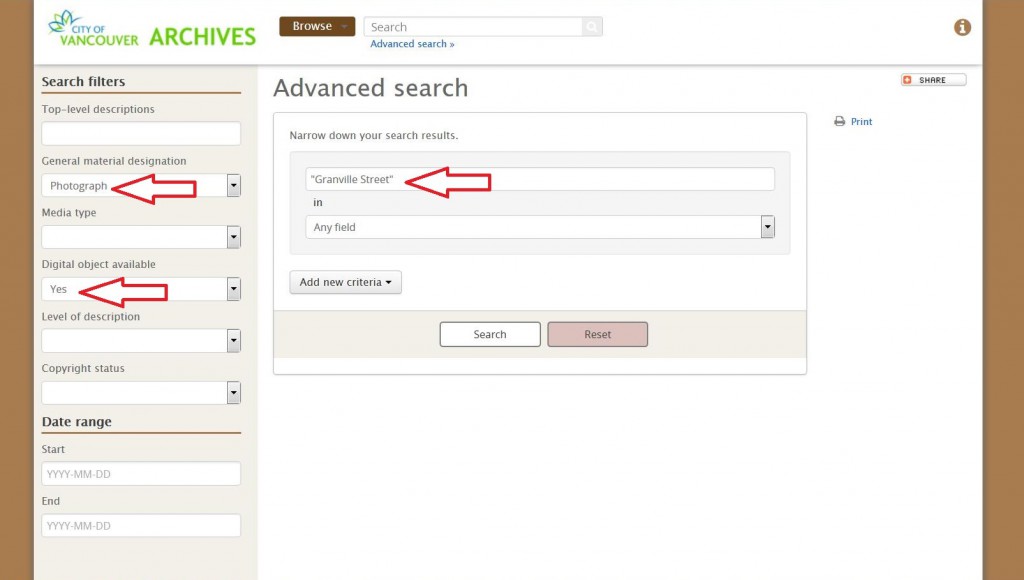 Advanced search screen using search filters.