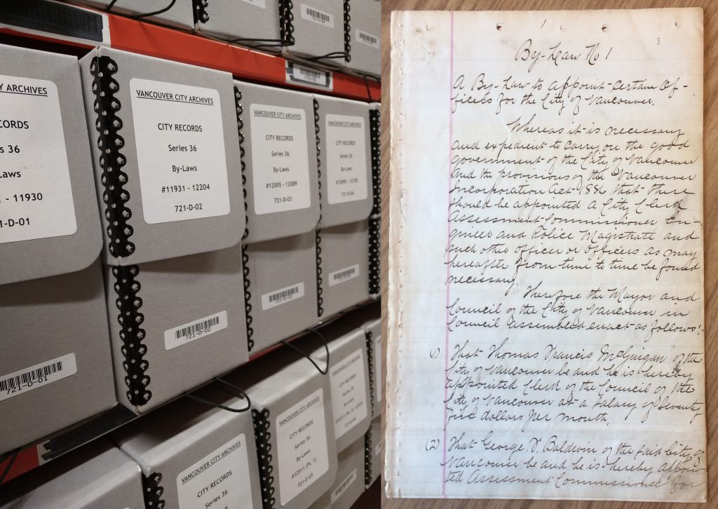 (Left) By-laws enacted in 2018 - 2019 housed in their new archival boxes for long term preservation. Photo by Kira Baker; (Right) By-Law No. 1. Photo by Bronwyn Smyth.