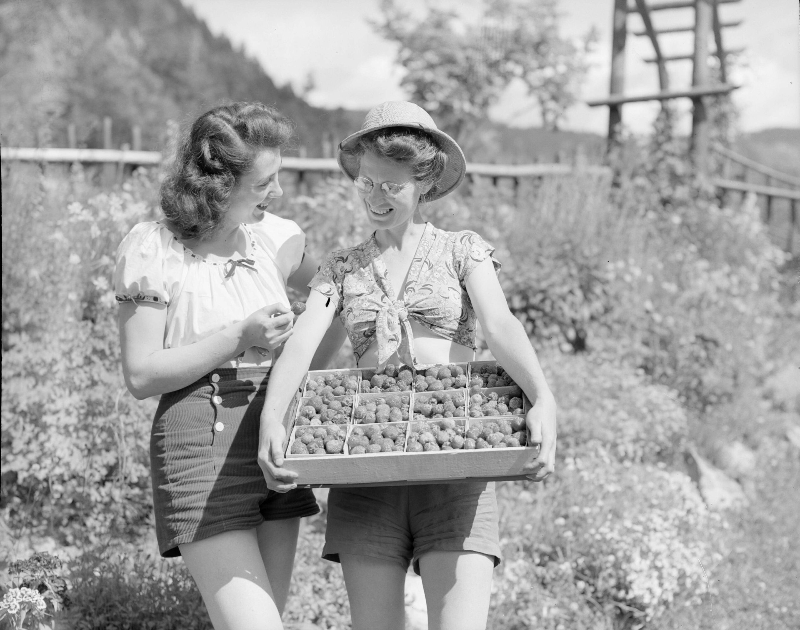 Fred Thompson's daughters with strawberries, Spuzzum, B.C., June 1947. Reference code: AM1545-S3 : CVA 586-15768