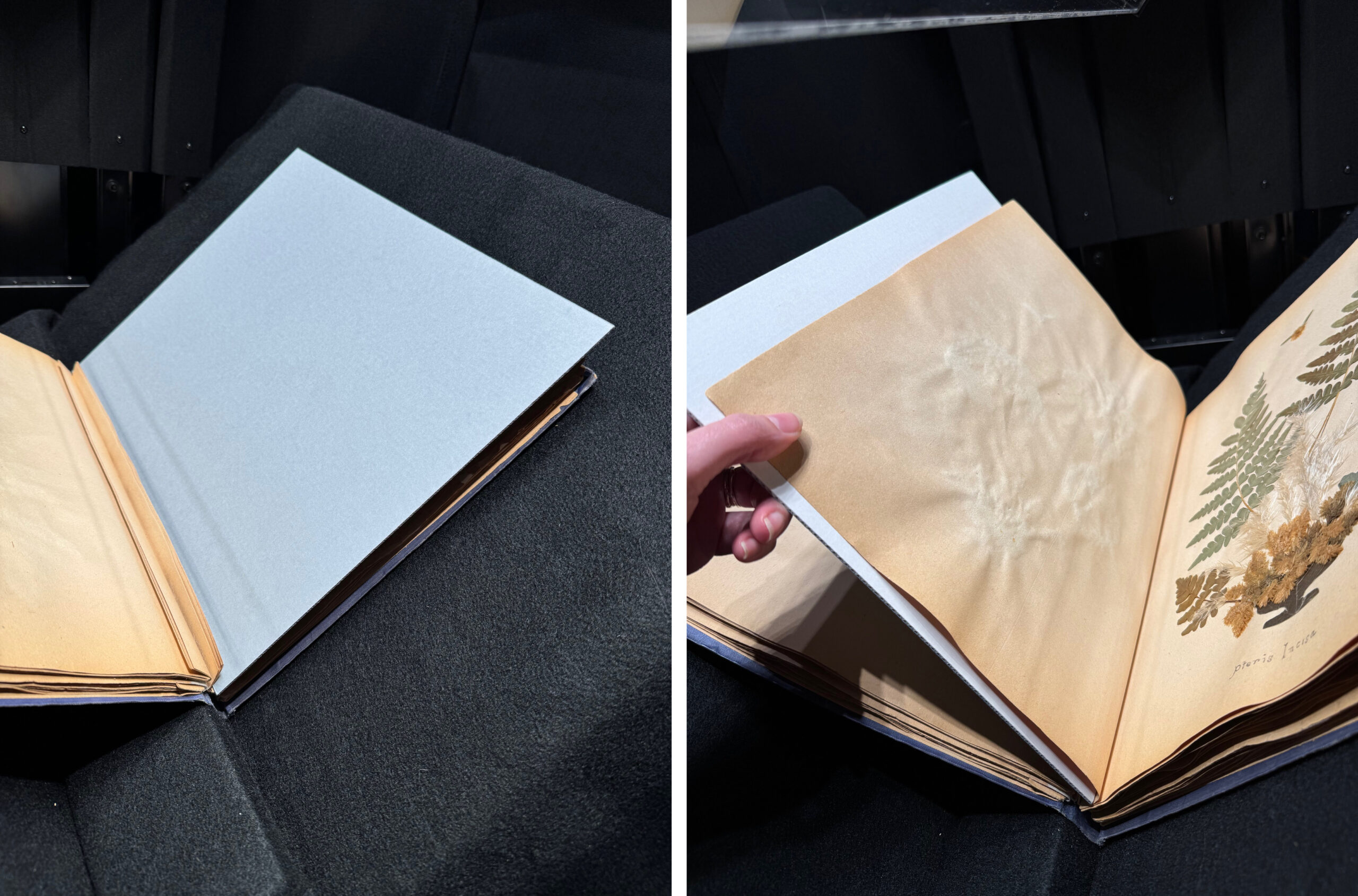 Image showing how an archival corrugated cardboard is used as a secondary support to aid in turning over a page.