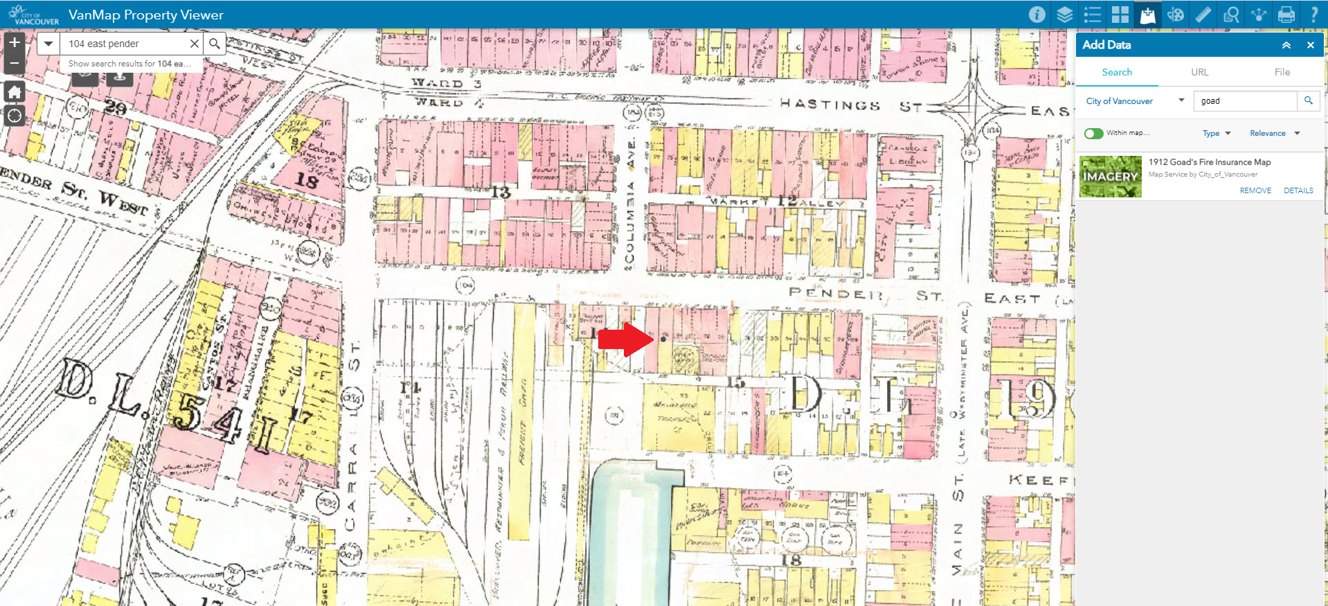 Screen shot of 1912 layer, zoomed in on 104 East Pender